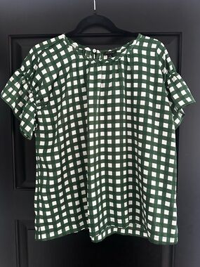 Ann Taylor Green and White Gingham Short-Sleeve Blouse